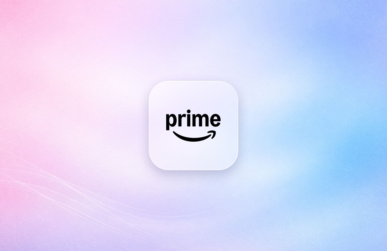Amazon Prime logo on a frosted glass tile over a soft lavender gradient