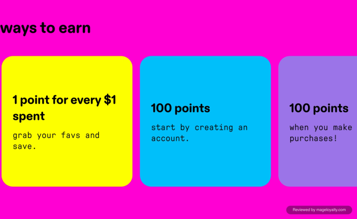 Starface rewards page Ways to Earn section showing cards for 1 point for every $1 spent, 100 points for creating an account and 100 points for making two purchases