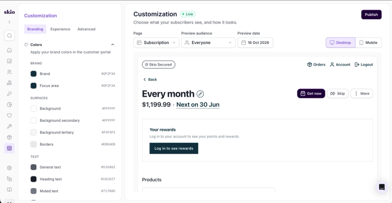 Skio customer portal Branding tab with colour pickers beside a live preview of a monthly subscription with Get now, Skip and More buttons and a Your rewards block