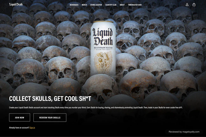 Liquid Death Earn Skulls page: collect Skulls, get cool sh*t, with Join Now and Redeem Your Skulls buttons over a Liquid Death can surrounded by skulls