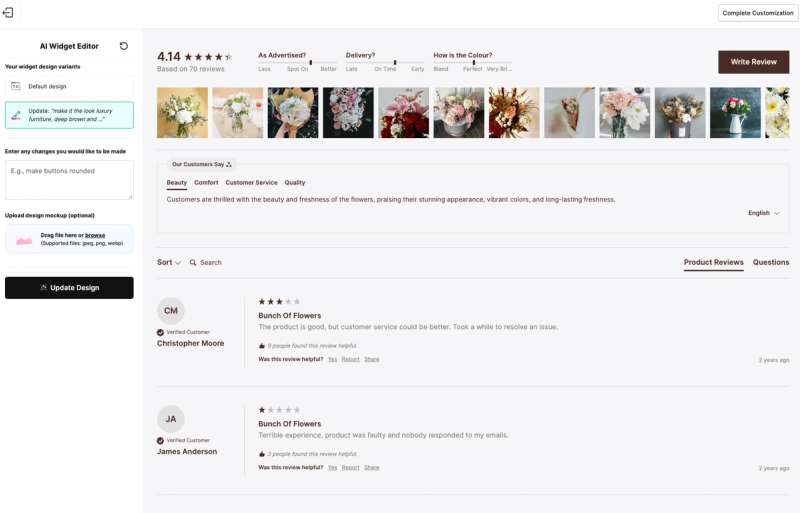 REVIEWS.io product review widget restyled by the AI Widget Editor in deep brown and cream after a luxury furniture brand prompt