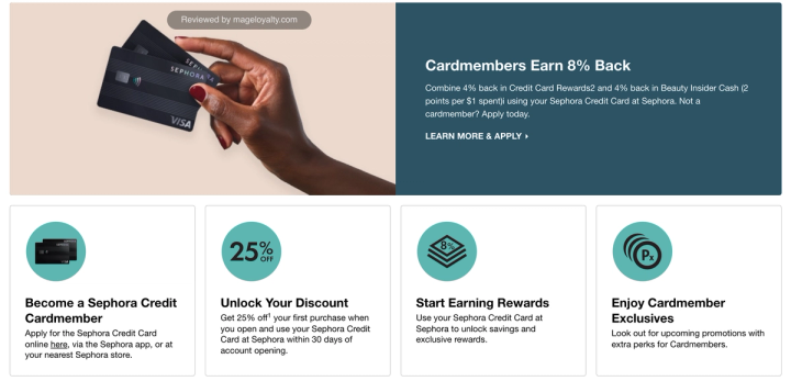 Sephora Credit Card: cardmembers earn 8% back, combining 4% in Credit Card Rewards and 4% in Beauty Insider Cash, plus 25% off a first purchase, with steps to apply, unlock your discount, start earning rewards and enjoy cardmember exclusives