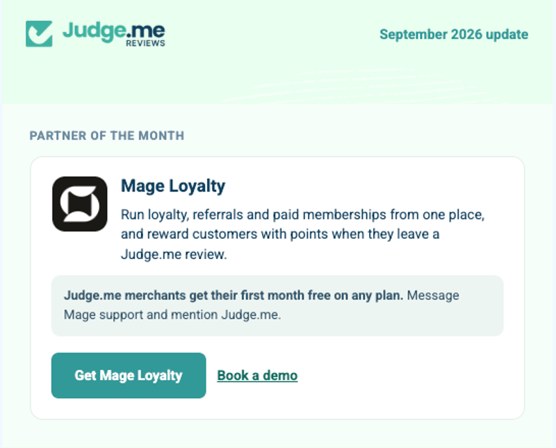 Judge.me September 2026 newsletter featuring Mage Loyalty as Partner of the Month
