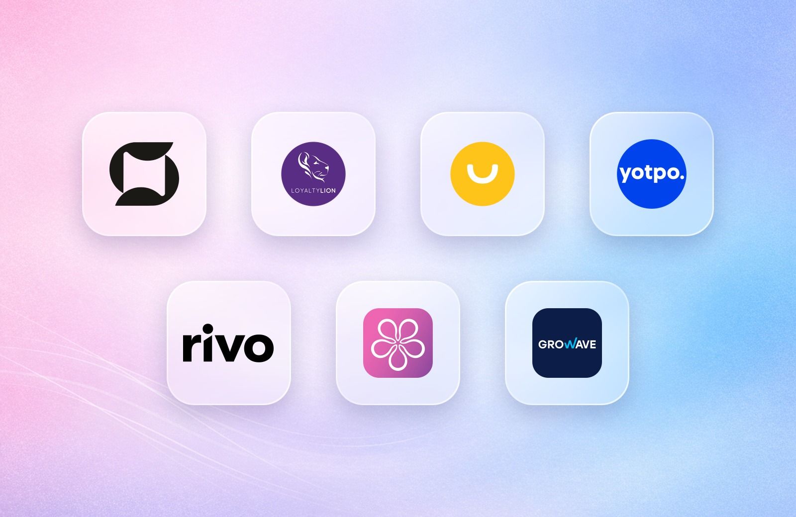 Mage Loyalty, LoyaltyLion, Smile.io, Yotpo, Rivo, BON Loyalty, Growave logos on a gradient background