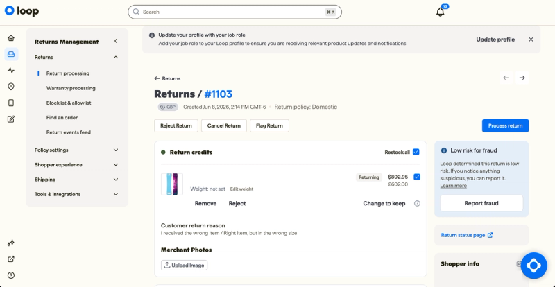 A return in Loop's admin showing the returned item, the customer's return reason, restock and keep options, process, reject and flag buttons, and a low fraud risk check
