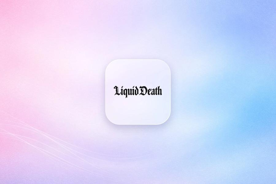 Liquid Death logo on a frosted glass tile over a soft pink and blue gradient