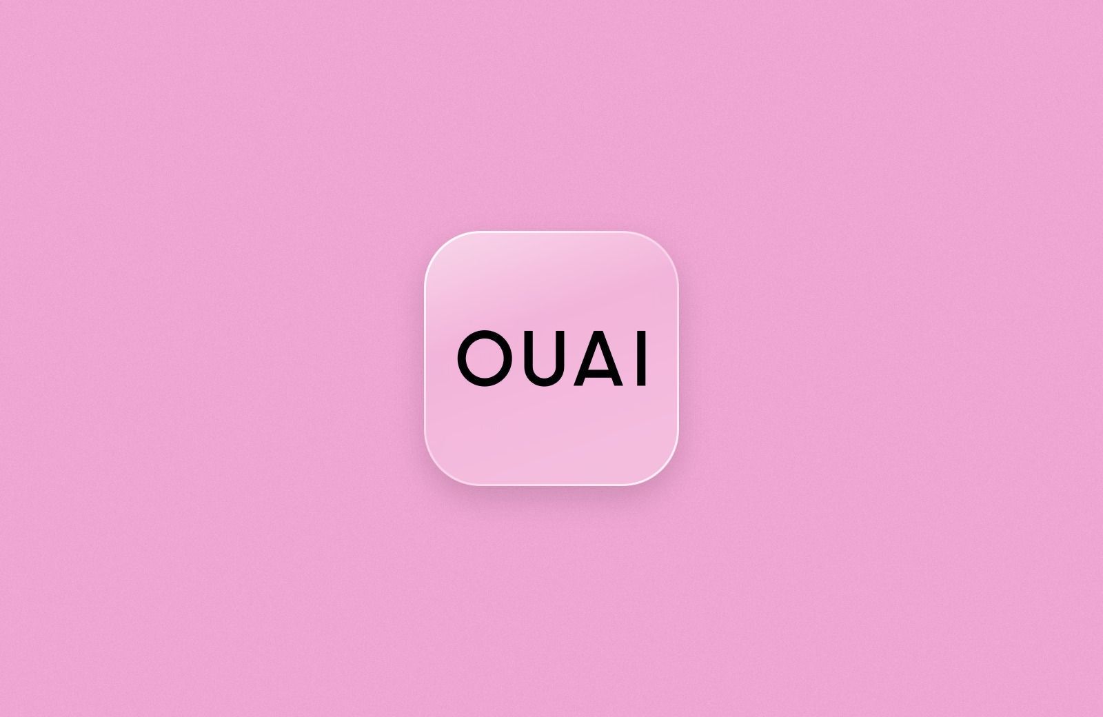 OUAI logo on a frosted glass tile over a soft pink background