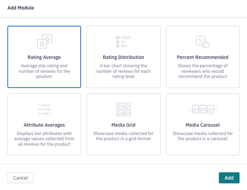 Okendo Add Module dialog with Rating Average, Rating Distribution, Percent Recommended, Attribute Averages, Media Grid and Media Carousel blocks