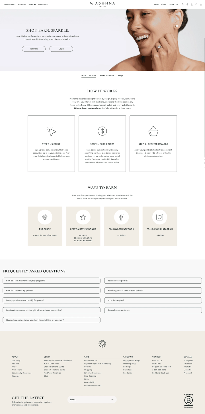 MiaDonna Rewards page showing how customers earn rewards on purchases and social follows