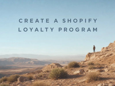Cinematic minimalist landscape with article title "How to Create a Loyalty Program on Shopify" displayed as text in the sky, 