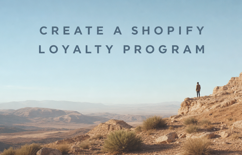 Cinematic minimalist landscape with article title "How to Create a Loyalty Program on Shopify" displayed as text in the sky,