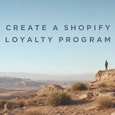 Cinematic minimalist landscape with article title "How to Create a Loyalty Program on Shopify" displayed as text in the sky,
