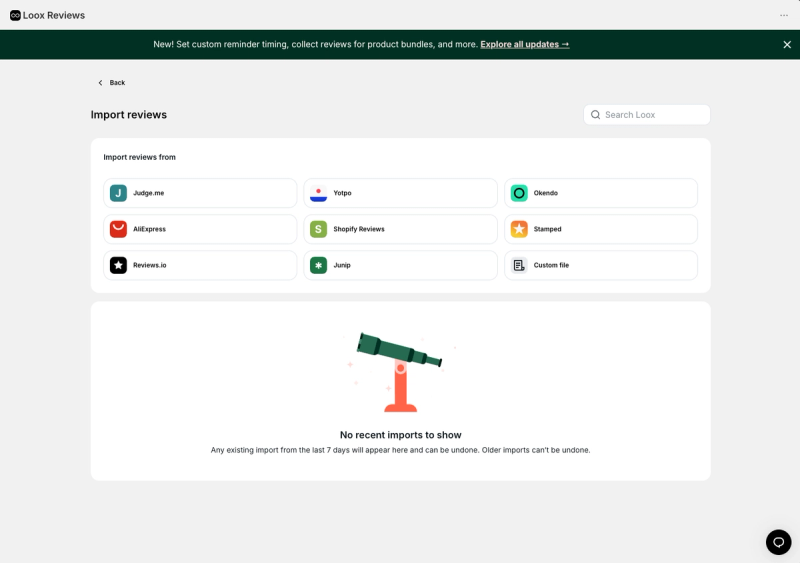 Loox import screen listing Judge.me, Yotpo, Okendo, AliExpress, Shopify Reviews, Stamped, REVIEWS.io, Junip and custom file as review sources