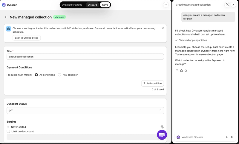 Dynasort new managed collection form beside Shopify Sidekick explaining that it cannot create a managed collection in Dynasort
