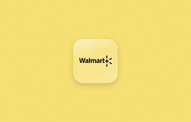 Walmart+ logo on a frosted glass tile over a butter yellow background