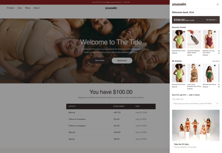 YouSwim sidebar with $100 store credit, recently viewed, wishlist, and referral link over a store credit activity page