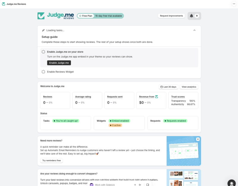 Judge.me setup guide on the app dashboard, prompting the merchant to enable the app embed and then the reviews widget