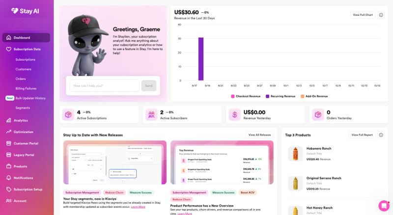 Stay AI dashboard with the Staylien AI analyst, a 30-day revenue chart split by checkout, recurring and add-on revenue, and subscription counts