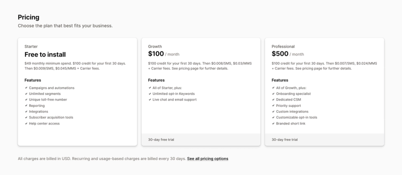 Postscript's pricing on the Shopify App Store: Starter with a $49 monthly minimum spend, Growth at $100 a month and Professional at $500 a month, with per-message rates and features