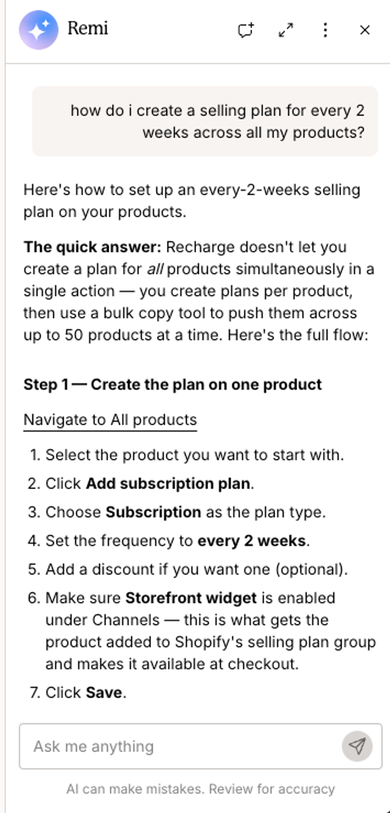 Recharge's Remi AI assistant explaining how to create an every-two-weeks selling plan on one product and copy it to up to 50 products at a time