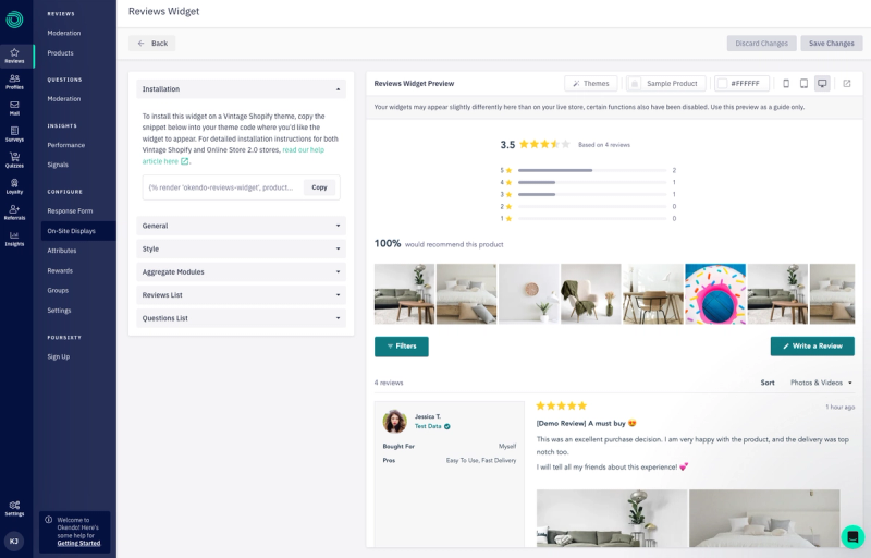 Okendo reviews widget builder with installation, style, aggregate modules and reviews list settings beside a live preview