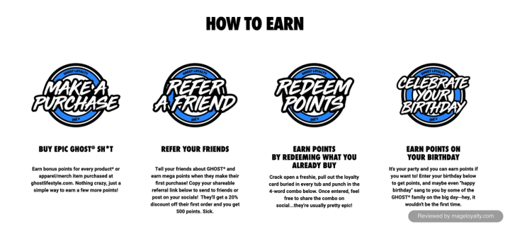 GHOST loyalty page How to Earn section with four ways to earn: buying GHOST products, referring friends for 500 points, entering the loyalty card code from a tub, and adding your birthday
