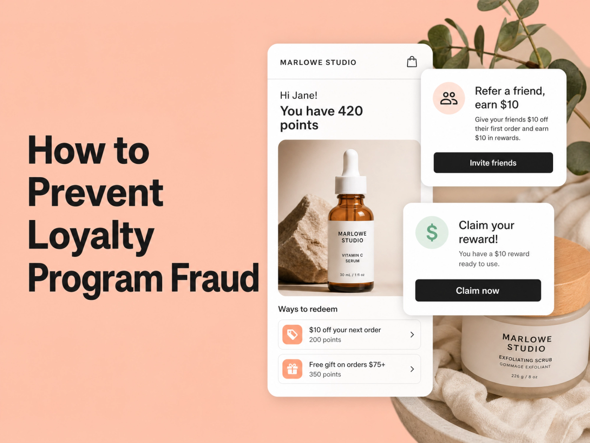 Minimalist landscape with article title "How to Prevent Loyalty Program Fraud and Self-Referrals on Shopify" displayed across
