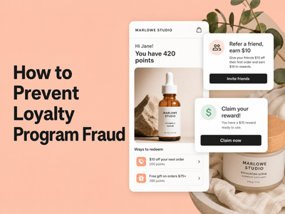 Minimalist landscape with article title "How to Prevent Loyalty Program Fraud and Self-Referrals on Shopify" displayed across