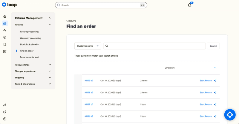 Loop's Find an order page listing a customer's orders, each with a Start Return link
