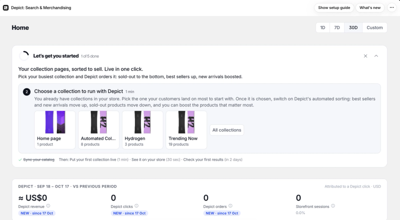 Depict home screen with a five-step get started guide to choose a collection, put it live and check the first results, above revenue and clicks attributed to Depict
