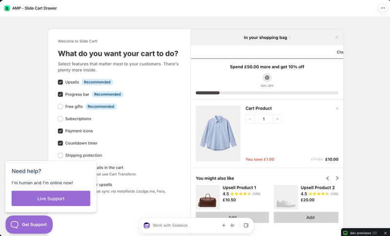 Amp Slide Cart onboarding asking what you want your cart to do, with options for upsells, a progress bar, free gifts, subscriptions, payment icons, a countdown timer and shipping protection, beside a cart preview