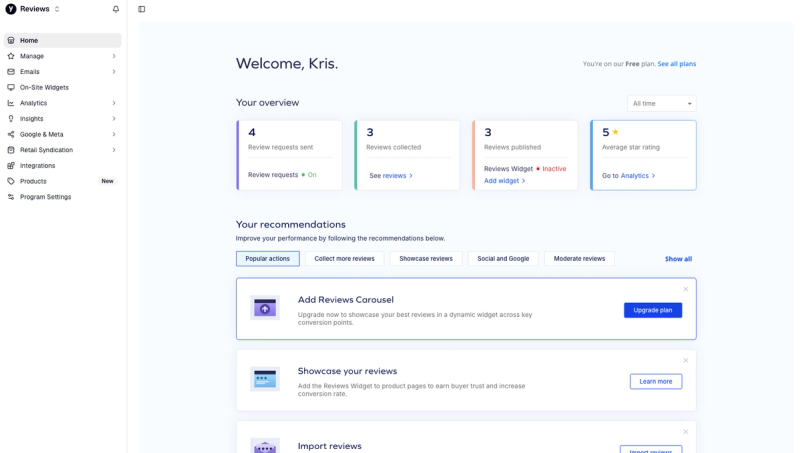 Yotpo platform home with overview cards and recommendations, including an upgrade prompt for the Reviews Carousel