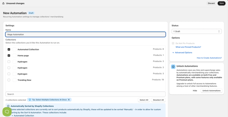 Sort'd new automation form with the collections it should run on, its draft status and an option to leave pinned products in place