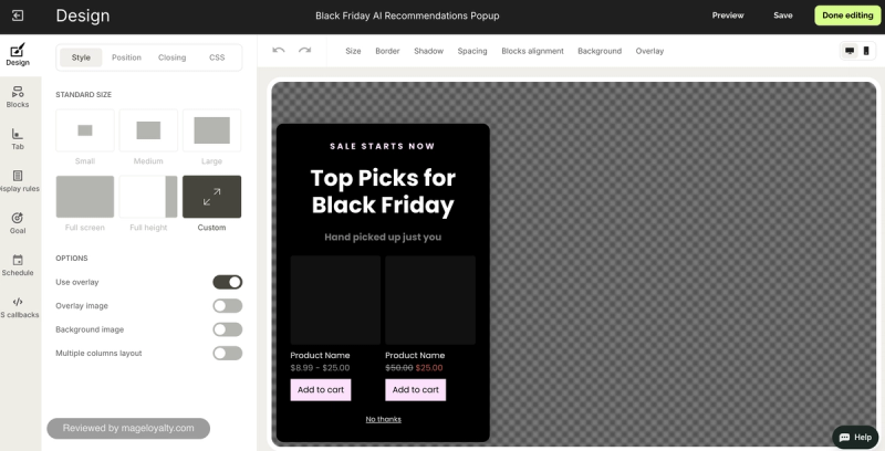 Wisepops design editor with style, position, closing and CSS tabs, standard popup sizes and overlay options, beside a Black Friday product recommendations popup