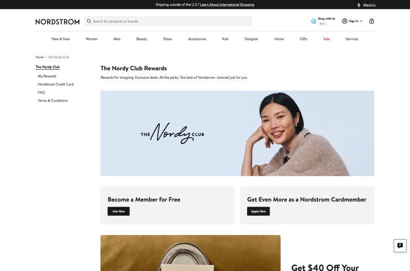 Nordstrom Nordy Club Rewards page with hero image, Become a Member for Free and Nordstrom Cardmember join options