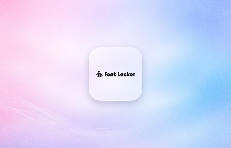 Foot Locker logo on a frosted glass tile over a soft pink and blue gradient