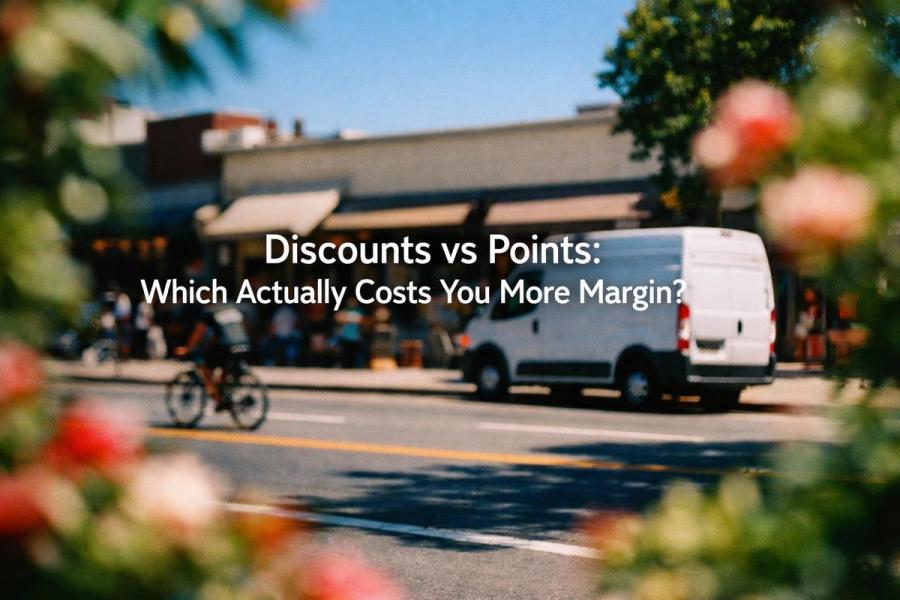 Minimalist landscape with article title "Discounts vs Points: Which Actually Costs You More Margin?" displayed across the sky