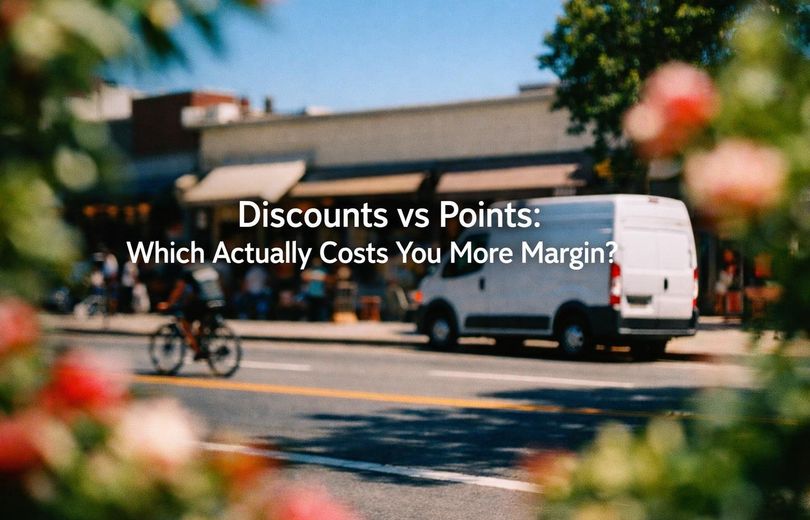Minimalist landscape with article title "Discounts vs Points: Which Actually Costs You More Margin?" displayed across the sky