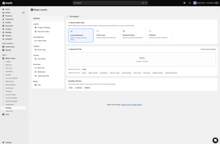 Mage Loyalty CSV Import screen with import types, CSV upload, required and optional columns and VIP tier names