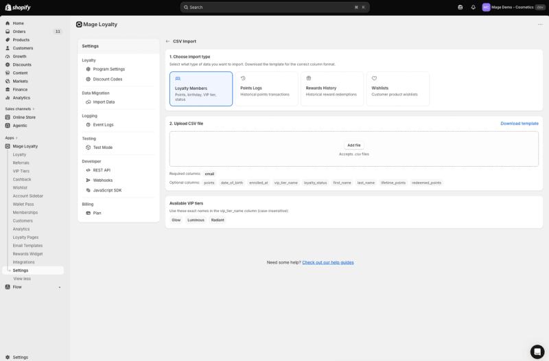 Mage Loyalty CSV Import screen with import types, CSV upload, required and optional columns and VIP tier names