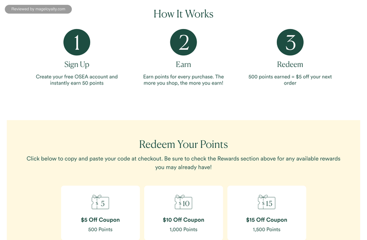 How It Works: sign up to earn 50 points, earn points on every purchase, and 500 points equals $5 off your next order; Redeem Your Points shows $5, $10 and $15 coupons at 500, 1,000 and 1,500 points