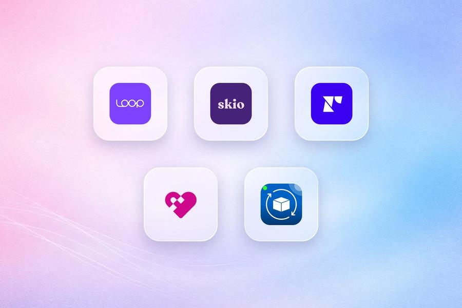 Logos of Loop Subscriptions, Skio, Recharge, Stay AI and Seal Subscriptions on frosted glass tiles over a lavender gradient