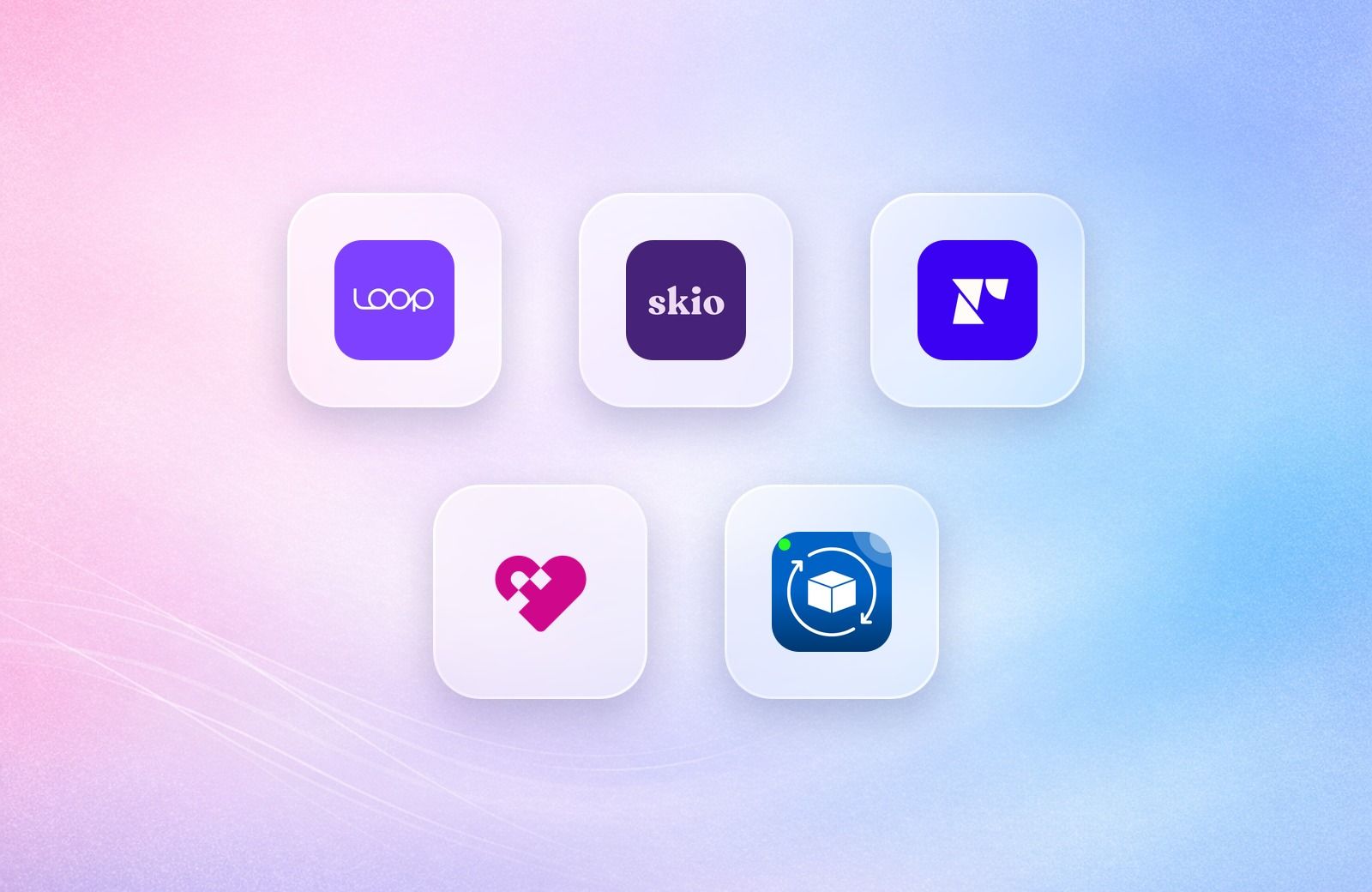 Logos of Loop Subscriptions, Skio, Recharge, Stay AI and Seal Subscriptions on frosted glass tiles over a lavender gradient