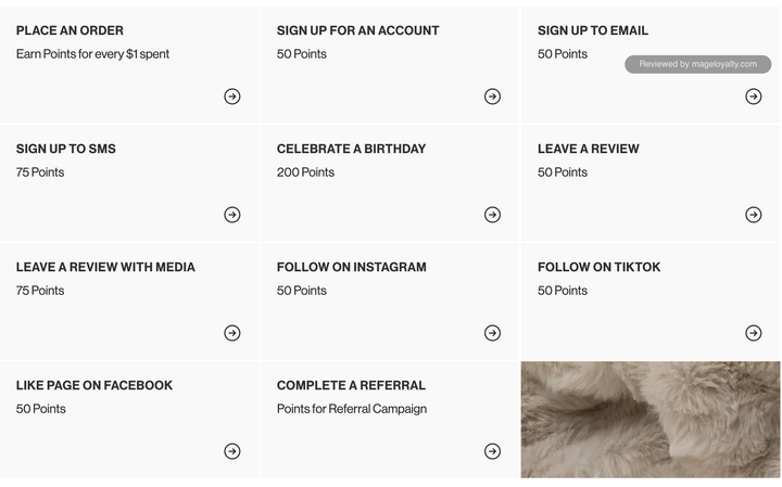 Ways to earn on the Lola Loyalty page: place an order, sign up for an account for 50 points, sign up to email for 50, sign up to SMS for 75, celebrate a birthday for 200, leave a review for 50, leave a review with media for 75, follow on Instagram, follow on TikTok and like on Facebook for 50 each, and complete a referral
