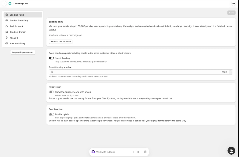 Judge.me Email's sending rules page with the daily sending limit, Smart Sending set to a 16-hour window, price format and double opt-in settings