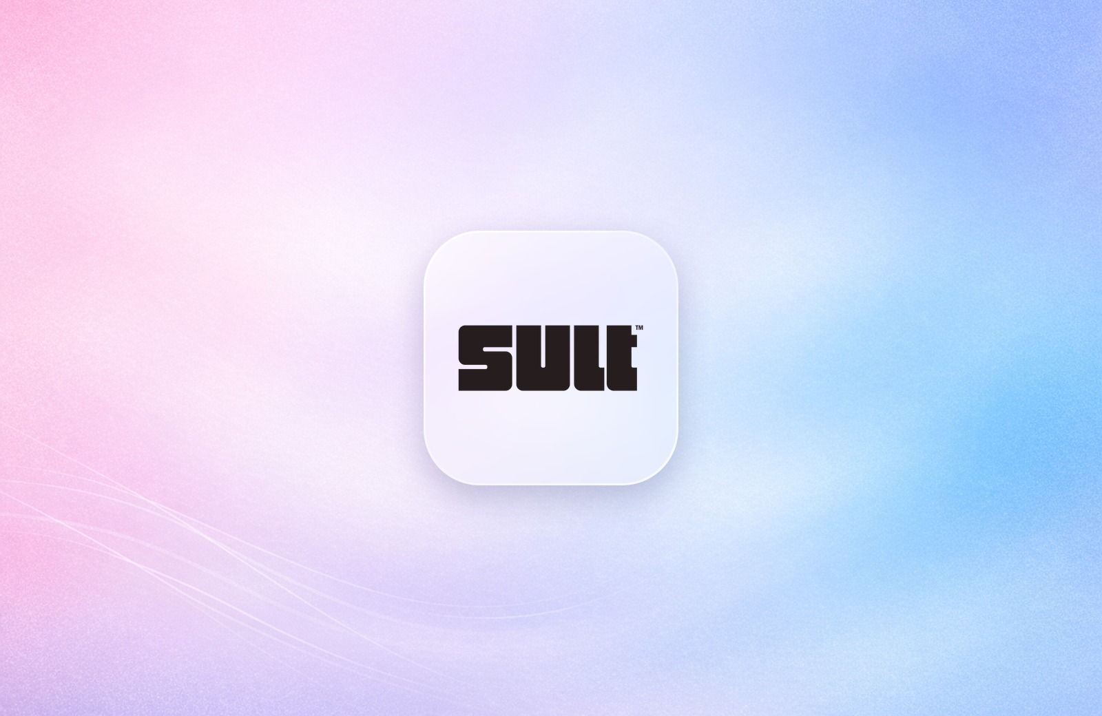 SULT logo on a frosted glass tile over a soft lavender gradient