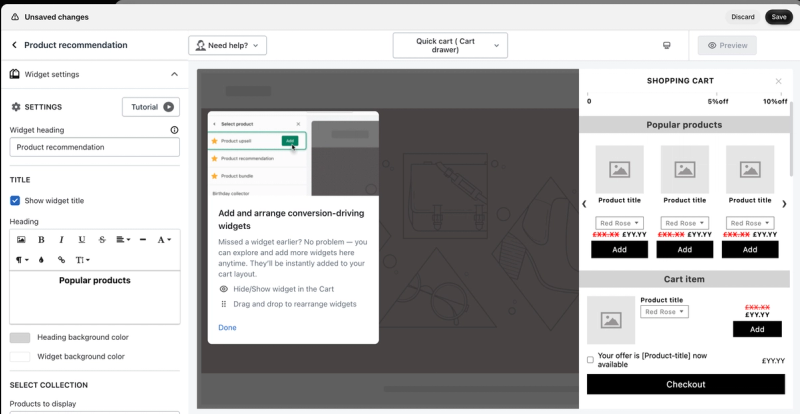 iCart product recommendation widget settings with a rich text heading, background colours and a collection to display, beside a Popular products slider in the cart preview