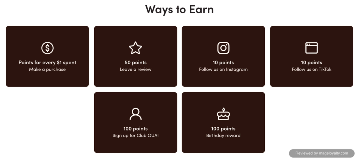 Ways to earn on the Club OUAI page: points for every $1 spent, 50 points for a review, 10 points each for following on Instagram and TikTok, 100 points for signing up and a 100 point birthday reward