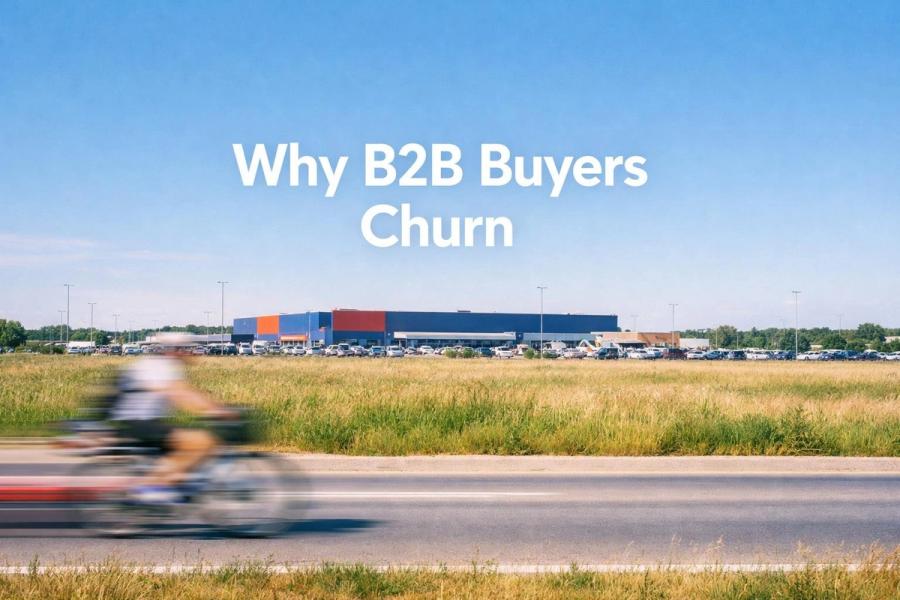White text reading “Why B2B Buyers Churn” over a soft gradient background.