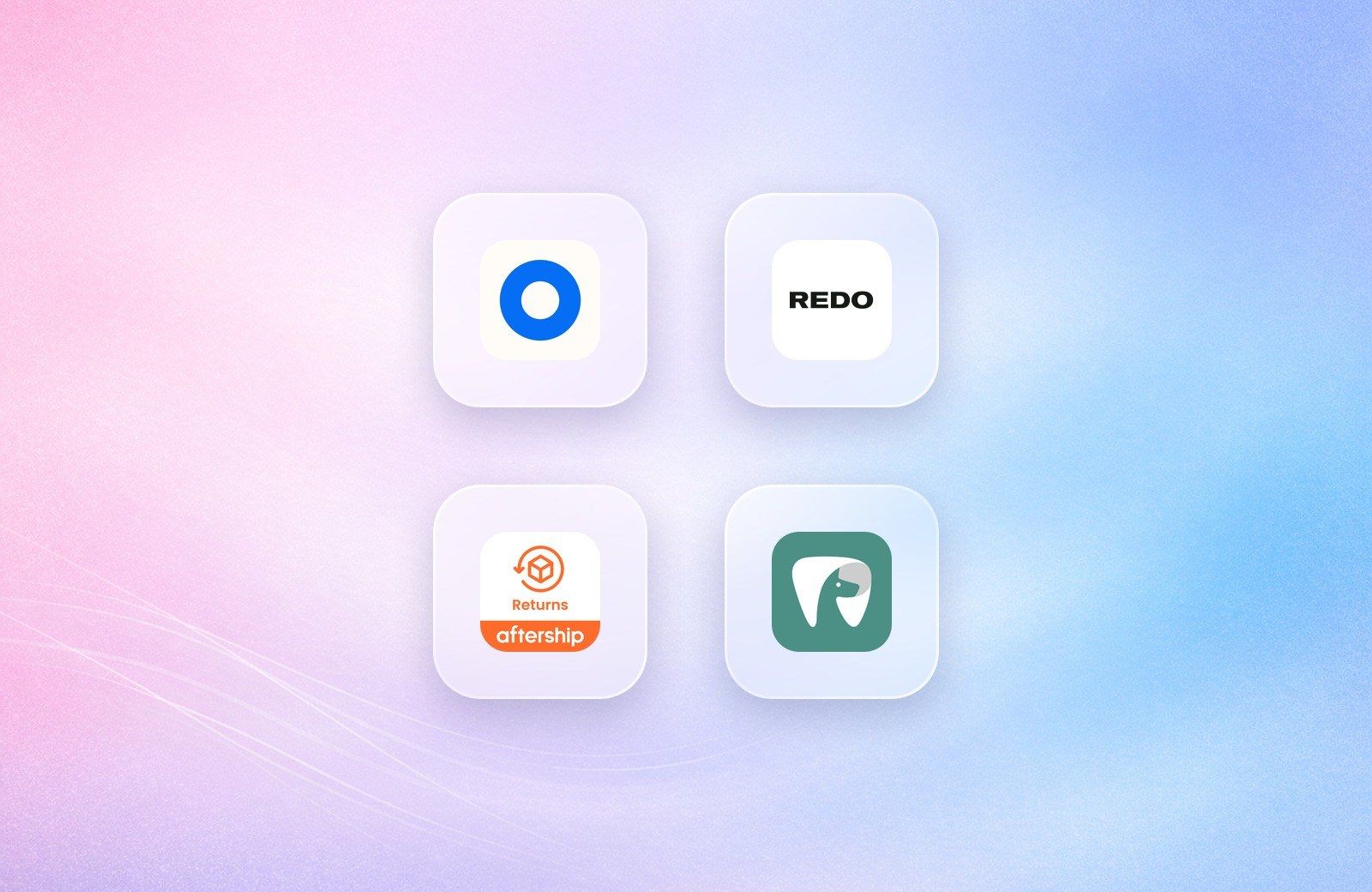 Logos of Loop Returns, Redo, AfterShip Returns and Return Prime on frosted glass tiles over a lavender gradient